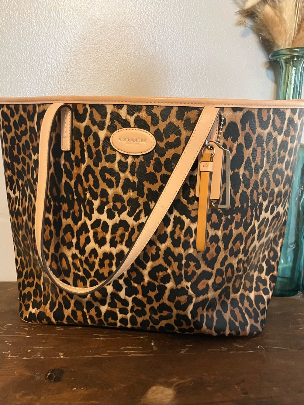 EUC! Coach Leopard-Print Large Tote with Tan Trim and double handles